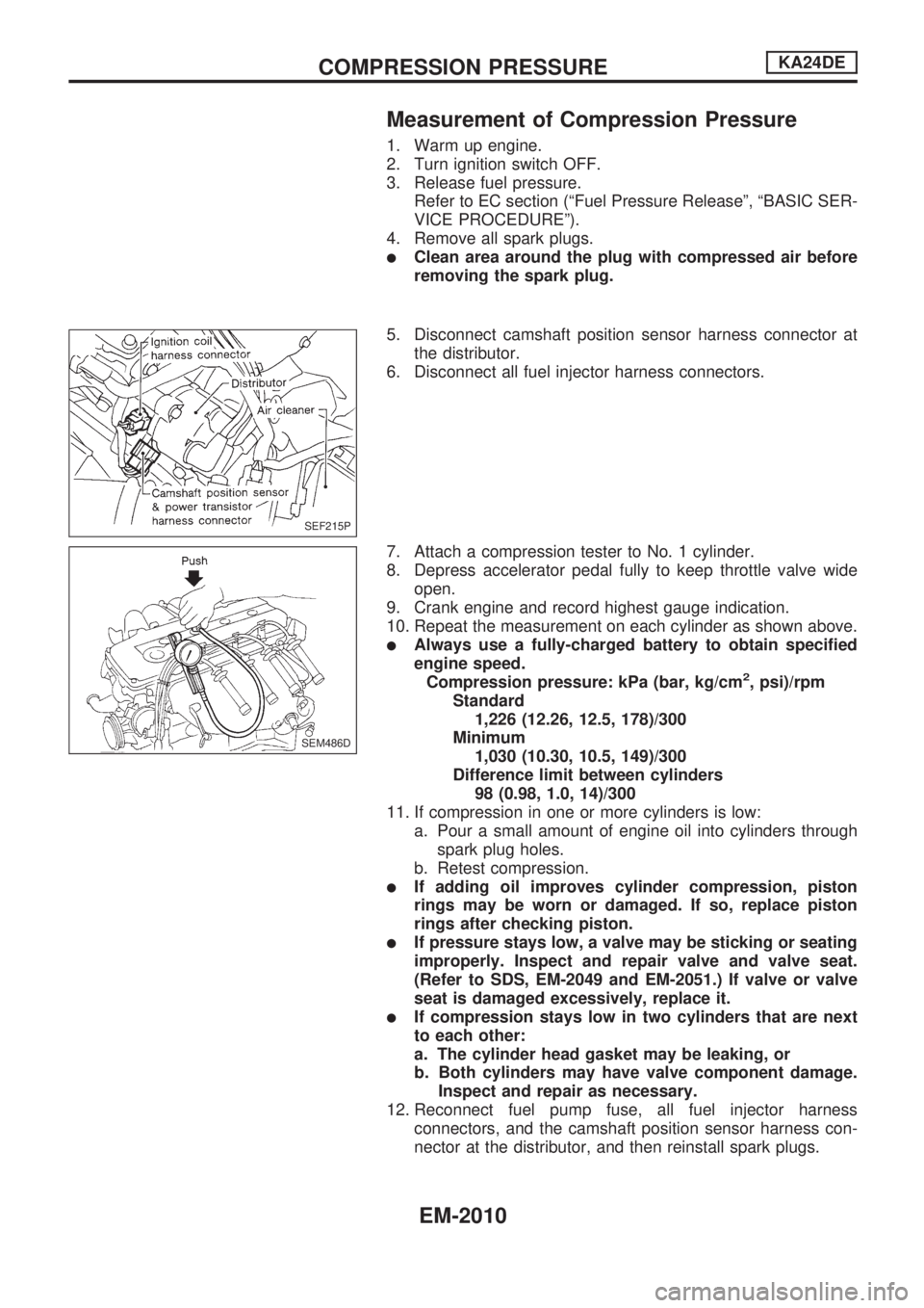 NISSAN PICK-UP 1999  Repair Manual Measurement of Compression Pressure
1. Warm up engine.
2. Turn ignition switch OFF.
3. Release fuel pressure.
Refer to EC section (ªFuel Pressure Releaseº, ªBASIC SER-
VICE PROCEDUREº).
4. Remove 