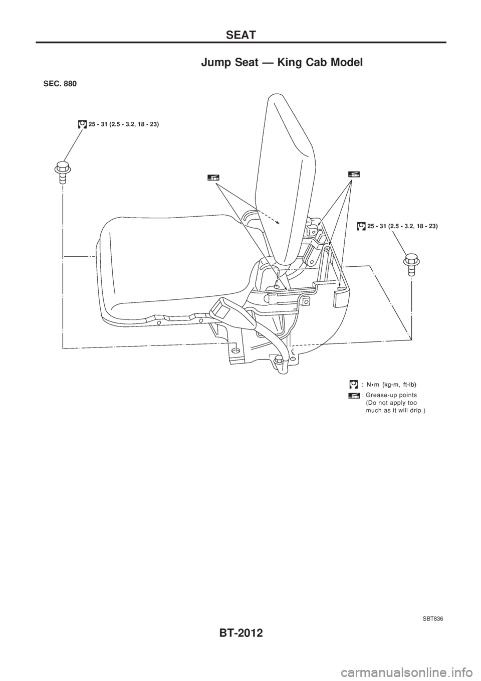 NISSAN PICK-UP 1999  Repair Manual Jump Seat Ð King Cab Model
SBT836
SEAT
BT-2012 