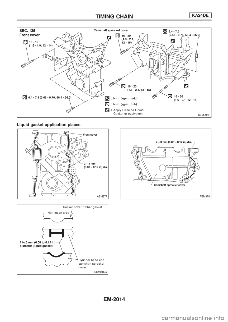 NISSAN PICK-UP 1999  Repair Manual Liquid gasket application places
SEM995F
AEM377
SEM016G
AEM378
TIMING CHAINKA24DE
EM-2014 