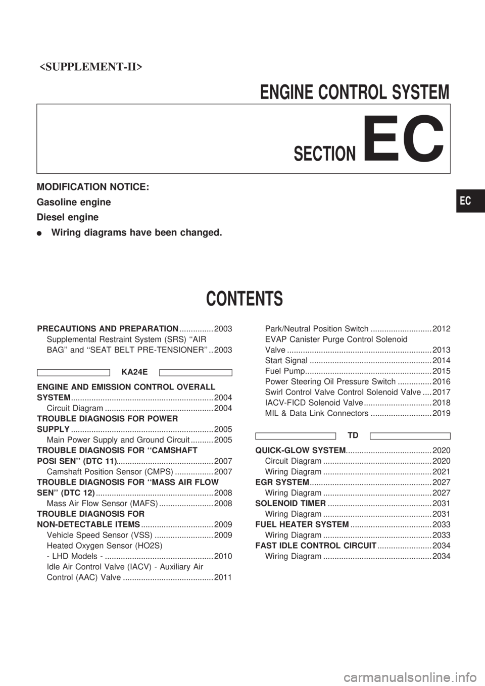 NISSAN PICK-UP 1999 Repair Manual <SUPPLEMENT-II>
ENGINECONTROLSYSTEM
SECTION
EC
MODIFICATION NOTICE:
Gasoline engine
Diesel engine
lWiring diagrams have been changed.
CONTENTS
PRECAUTIONS AND NISSAN PICK-UP 1999 Repair Manual <SUPPLEMENT-II>
ENGINECONTROLSYSTEM
SECTION
EC
MODIFICATION NOTICE:
Gasoline engine
Diesel engine
lWiring diagrams have been changed.
CONTENTS
PRECAUTIONS AND