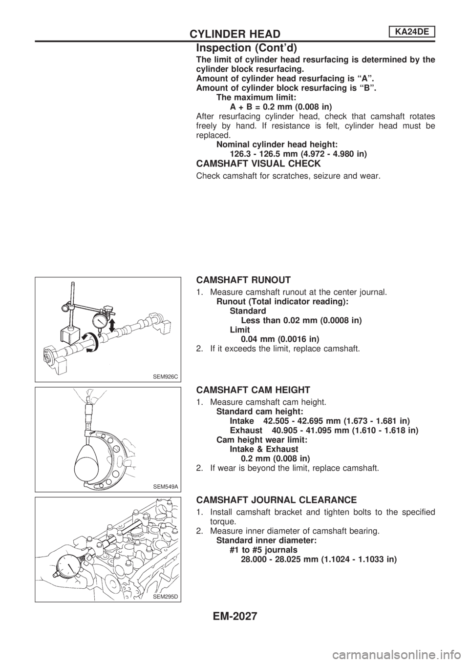 NISSAN PICK-UP 1999 Repair Manual The limit of cylinder head resurfacing is determined by the
cylinder block resurfacing.
Amount of cylinder head resurfacing is ªAº.
Amount of cylinder block resurfacing is ªBº.
The maximum limit:
NISSAN PICK-UP 1999 Repair Manual The limit of cylinder head resurfacing is determined by the
cylinder block resurfacing.
Amount of cylinder head resurfacing is ªAº.
Amount of cylinder block resurfacing is ªBº.
The maximum limit: