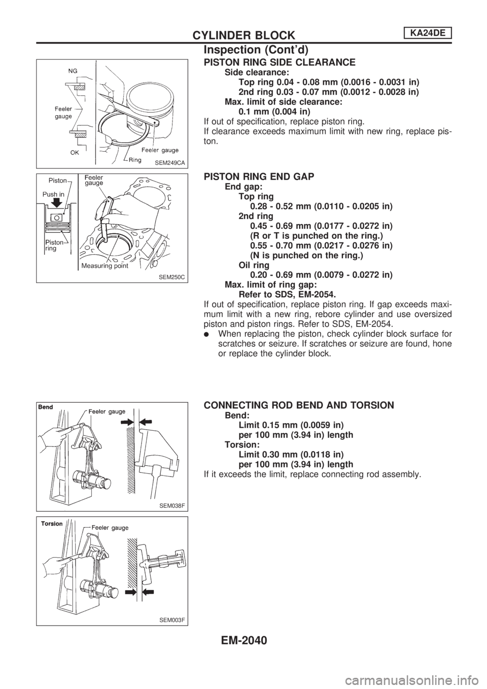 NISSAN PICK-UP 1999  Repair Manual PISTON RING SIDE CLEARANCE
Side clearance:
Top ring 0.04 - 0.08 mm (0.0016 - 0.0031 in)
2nd ring 0.03 - 0.07 mm (0.0012 - 0.0028 in)
Max. limit of side clearance:
0.1 mm (0.004 in)
If out of specifica