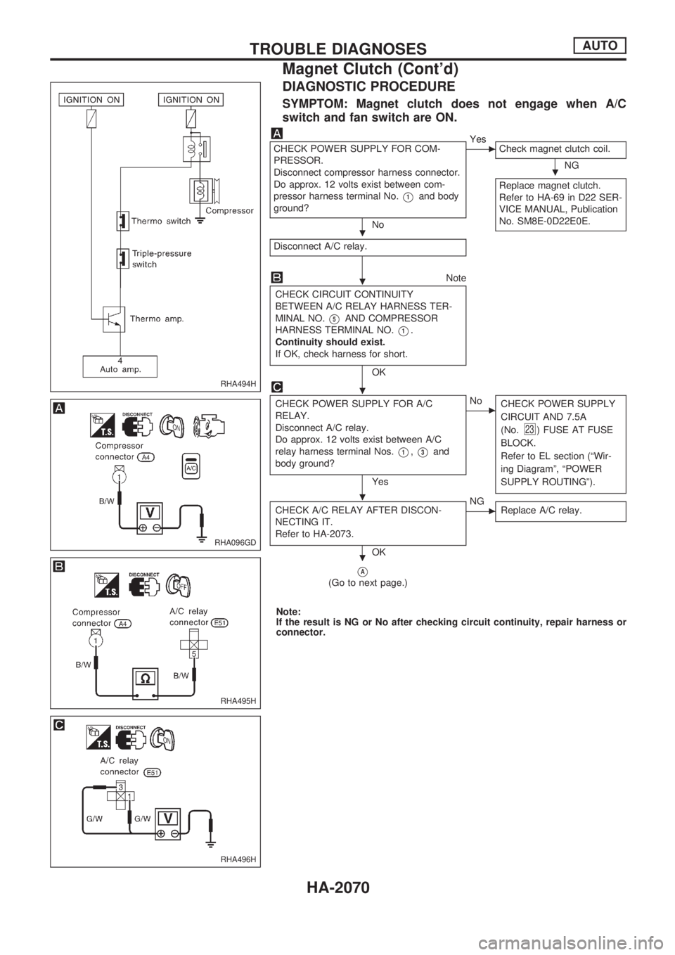 NISSAN PICK-UP 1999 Repair Manual DIAGNOSTIC PROCEDURE
SYMPTOM: Magnet clutch does not engage when A/C
switch and fan switch are ON.
CHECK POWER SUPPLY FOR COM-
PRESSOR.
Disconnect compressor harness connector.
Do approx. 12 volts exi NISSAN PICK-UP 1999 Repair Manual DIAGNOSTIC PROCEDURE
SYMPTOM: Magnet clutch does not engage when A/C
switch and fan switch are ON.
CHECK POWER SUPPLY FOR COM-
PRESSOR.
Disconnect compressor harness connector.
Do approx. 12 volts exi