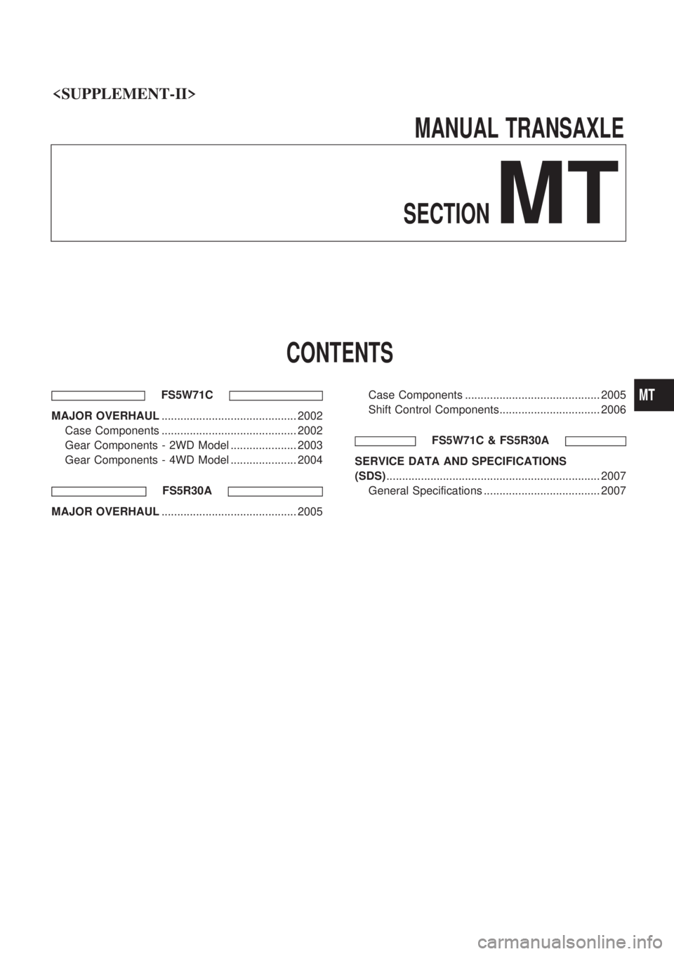 NISSAN PICK-UP 1999  Repair Manual <SUPPLEMENT-II>                                                        
MANUALTRANSAXLE
SECTION
MT
CONTENTS
FS5W71C
MAJOR OVERHAUL ........................................... 2002
Case Components ....