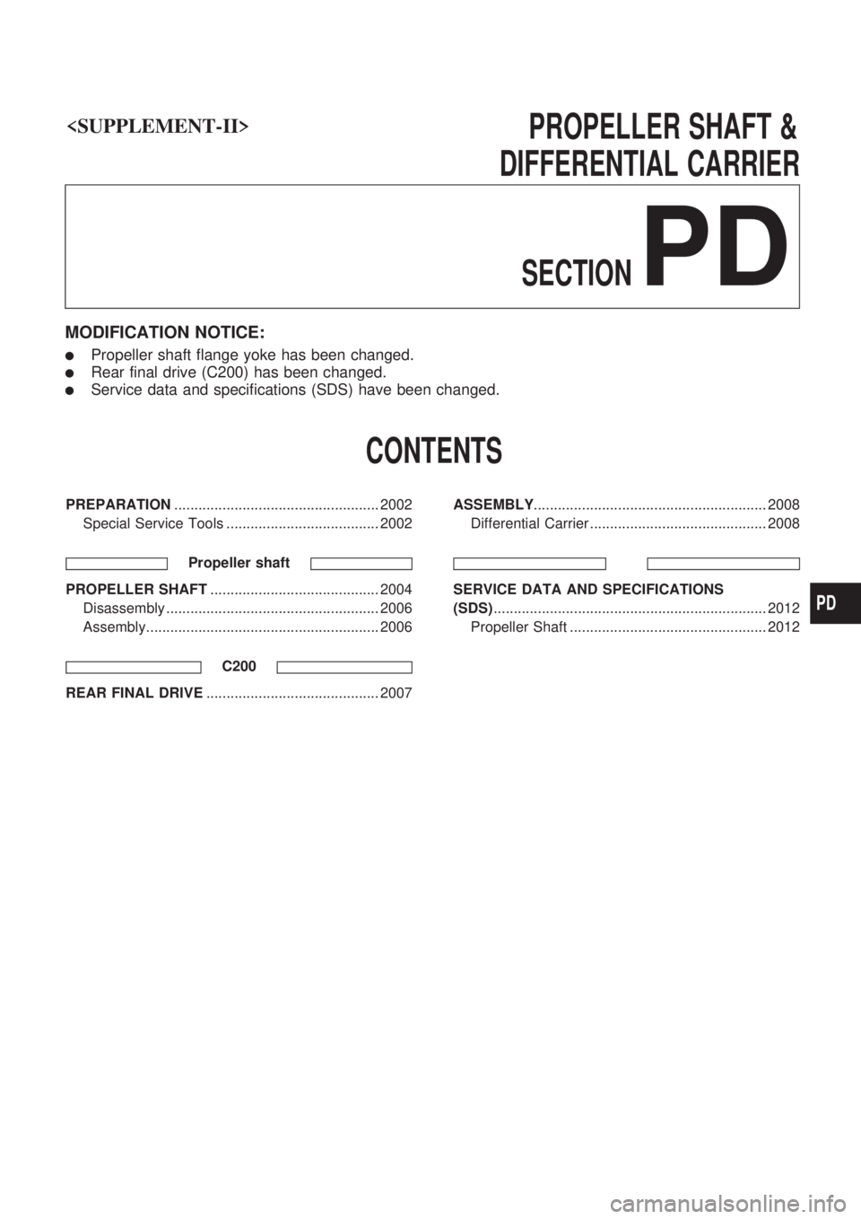NISSAN PICK-UP 1999  Repair Manual <SUPPLEMENT-II> 

                                                       
PROPELLERSHAFT&
DIFFERENTIAL CARRIER
SECTION
PD
MODIFICATION NOTICE:
lPropeller shaft flange yoke has been changed.
lRear fina