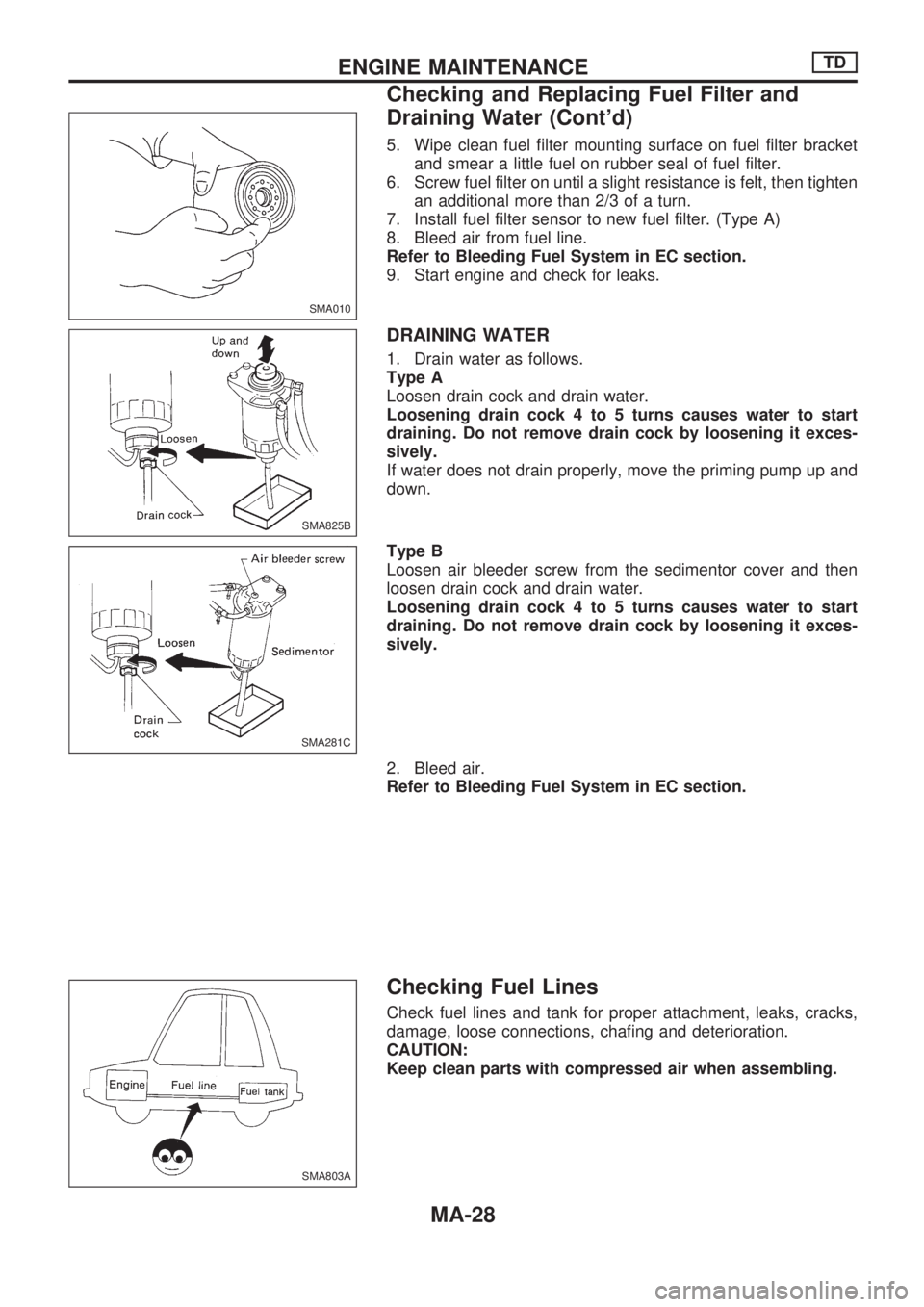 NISSAN PICK-UP 1998  Repair Manual 5. Wipe clean fuel filter mounting surface on fuel filter bracket
and smear a little fuel on rubber seal of fuel filter.
6. Screw fuel filter on until a slight resistance is felt, then tighten
an addi