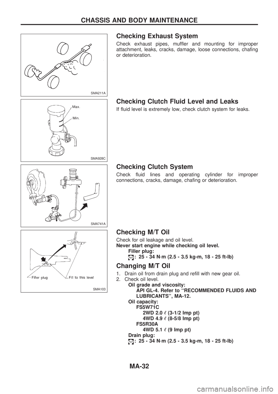 NISSAN PICK-UP 1998  Repair Manual Checking Exhaust System
Check exhaust pipes, muffler and mounting for improper
attachment, leaks, cracks, damage, loose connections, chafing
or deterioration.
Checking Clutch Fluid Level and Leaks
If 