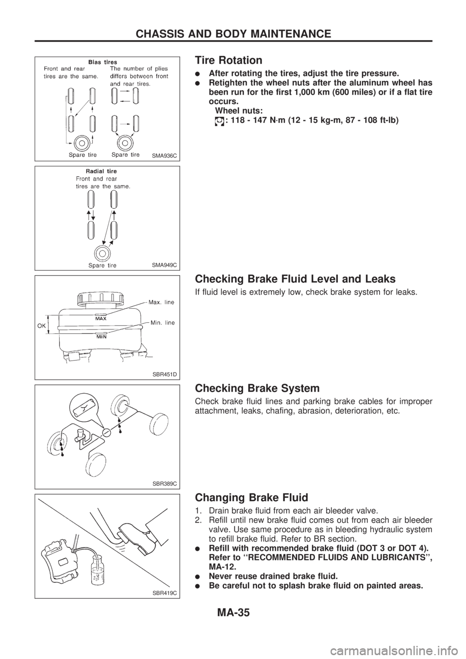 NISSAN PICK-UP 1998  Repair Manual Tire Rotation
lAfter rotating the tires, adjust the tire pressure.
lRetighten the wheel nuts after the aluminum wheel has
been run for the first 1,000 km (600 miles) or if a flat tire
occurs.
Wheel nu