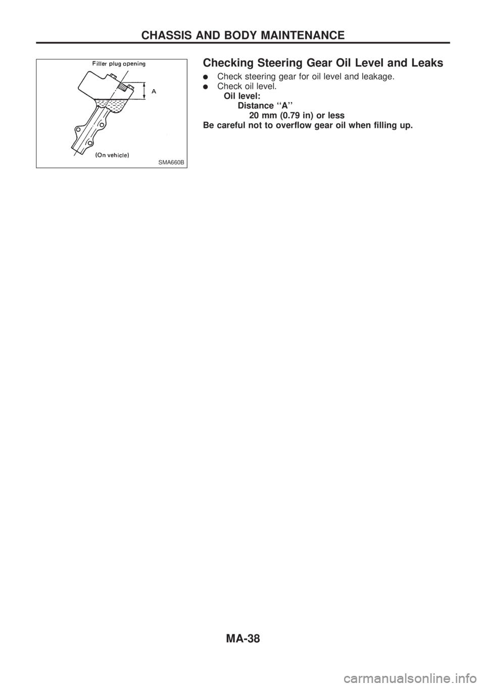 NISSAN PICK-UP 1998  Repair Manual Checking Steering Gear Oil Level and Leaks
lCheck steering gear for oil level and leakage.
lCheck oil level.
Oil level:
Distance ``A
20 mm (0.79 in) or less
Be careful not to overflow gear oil when 