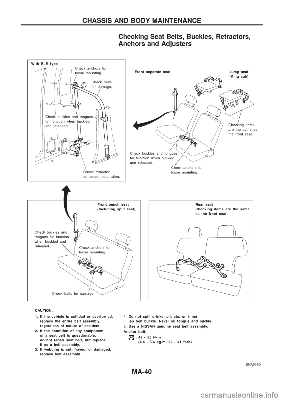 NISSAN PICK-UP 1998  Repair Manual Checking Seat Belts, Buckles, Retractors,
Anchors and Adjusters
SMA016D
CHASSIS AND BODY MAINTENANCE
MA-40 