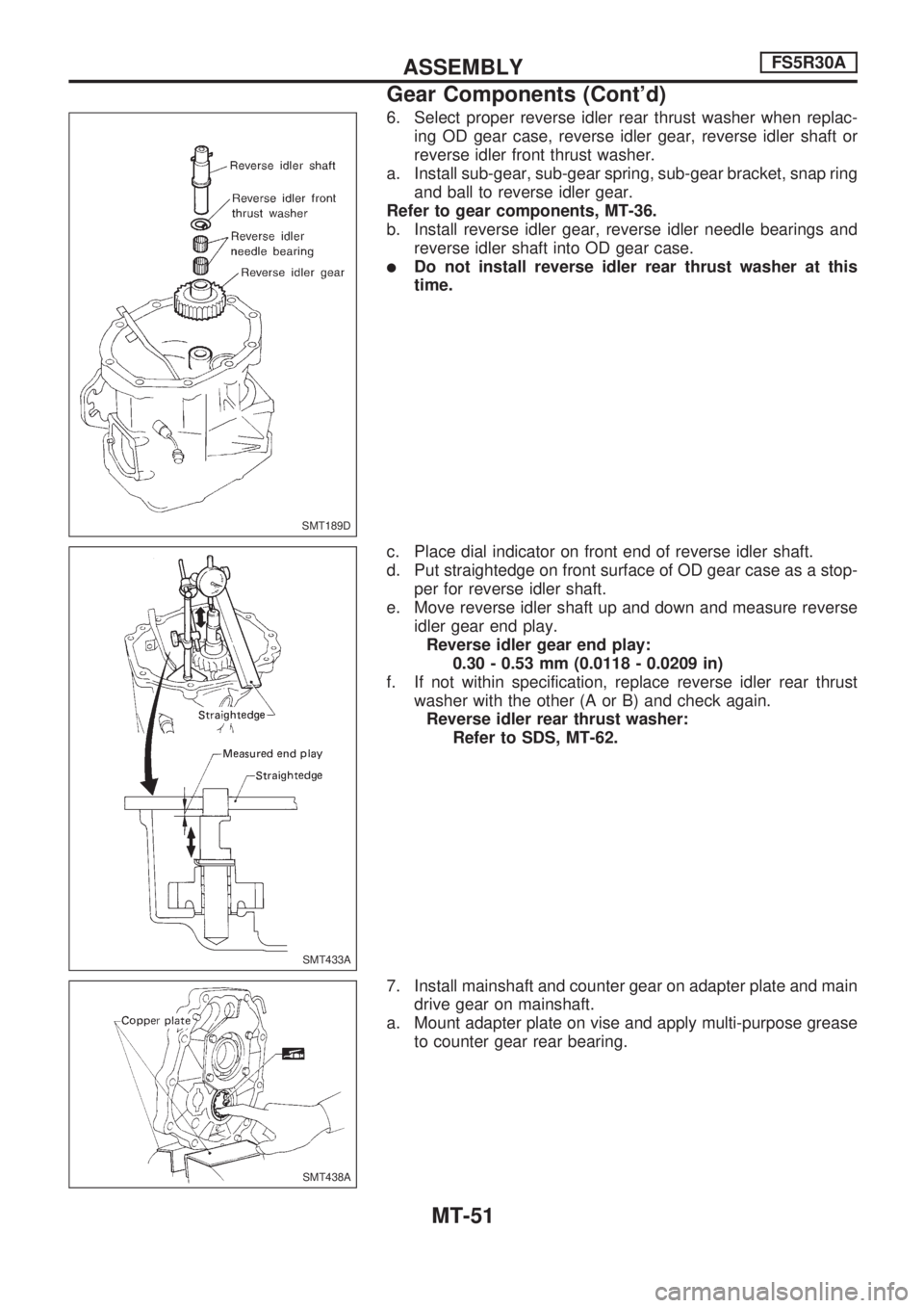 NISSAN PICK-UP 1998  Repair Manual 6. Select proper reverse idler rear thrust washer when replac-
ing OD gear case, reverse idler gear, reverse idler shaft or
reverse idler front thrust washer.
a. Install sub-gear, sub-gear spring, sub
