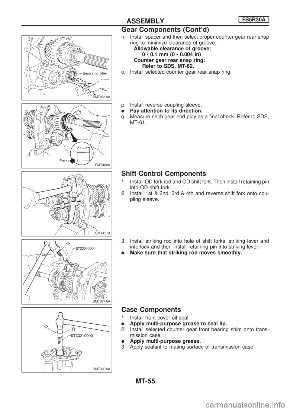 NISSAN PICK-UP 1998  Repair Manual n. Install spacer and then select proper counter gear rear snap
ring to minimize clearance of groove.
Allowable clearance of groove:
0 - 0.1 mm (0 - 0.004 in)
Counter gear rear snap ring:
Refer to SDS