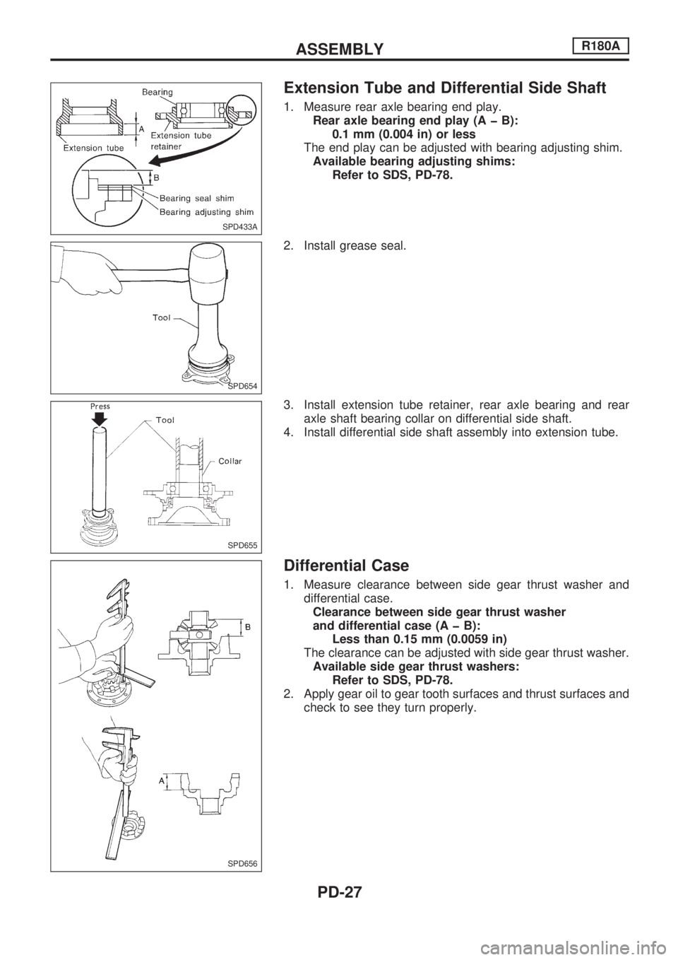 NISSAN PICK-UP 1998  Repair Manual Extension Tube and Differential Side Shaft
1. Measure rear axle bearing end play.
Rear axle bearing end play (A þ B):
0.1 mm (0.004 in) or less
The end play can be adjusted with bearing adjusting shi
