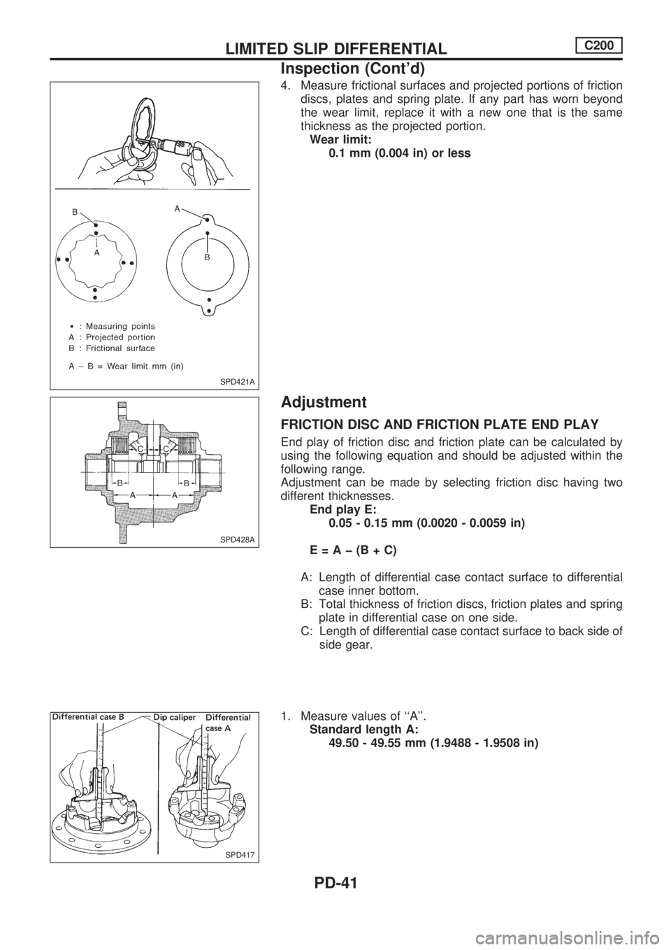 NISSAN PICK-UP 1998  Repair Manual 4. Measure frictional surfaces and projected portions of friction
discs, plates and spring plate. If any part has worn beyond
the wear limit, replace it with a new one that is the same
thickness as th