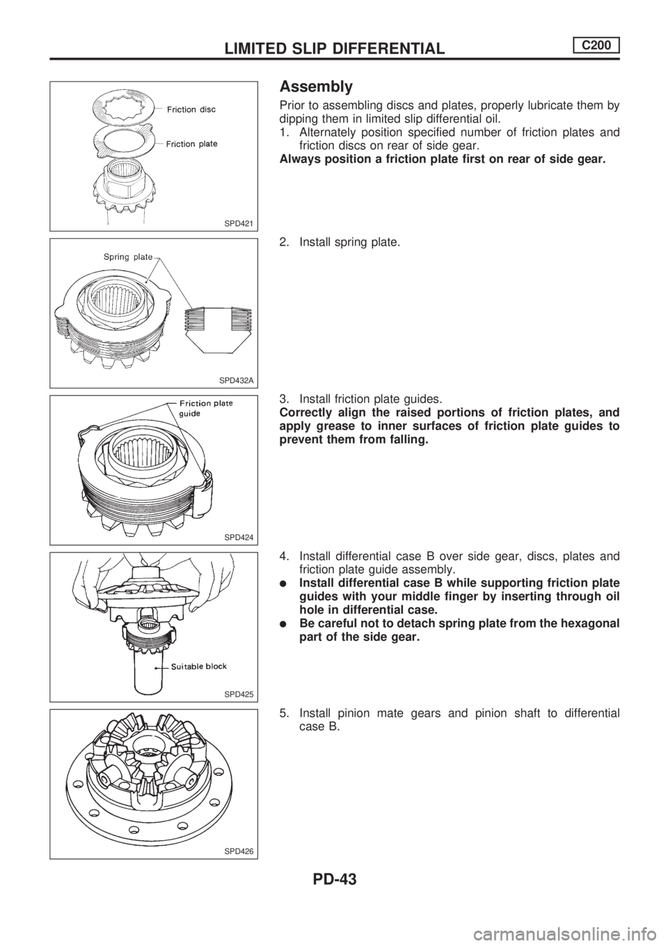 NISSAN PICK-UP 1998  Repair Manual Assembly
Prior to assembling discs and plates, properly lubricate them by
dipping them in limited slip differential oil.
1. Alternately position specified number of friction plates and
friction discs 