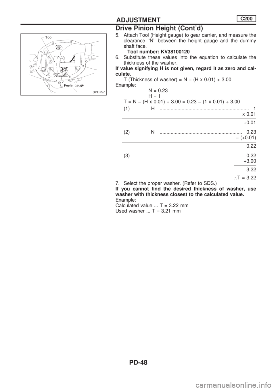 NISSAN PICK-UP 1998  Repair Manual 5. Attach Tool (Height gauge) to gear carrier, and measure the
clearance ``N between the height gauge and the dummy
shaft face.
Tool number: KV38100120
6. Substitute these values into the equation t