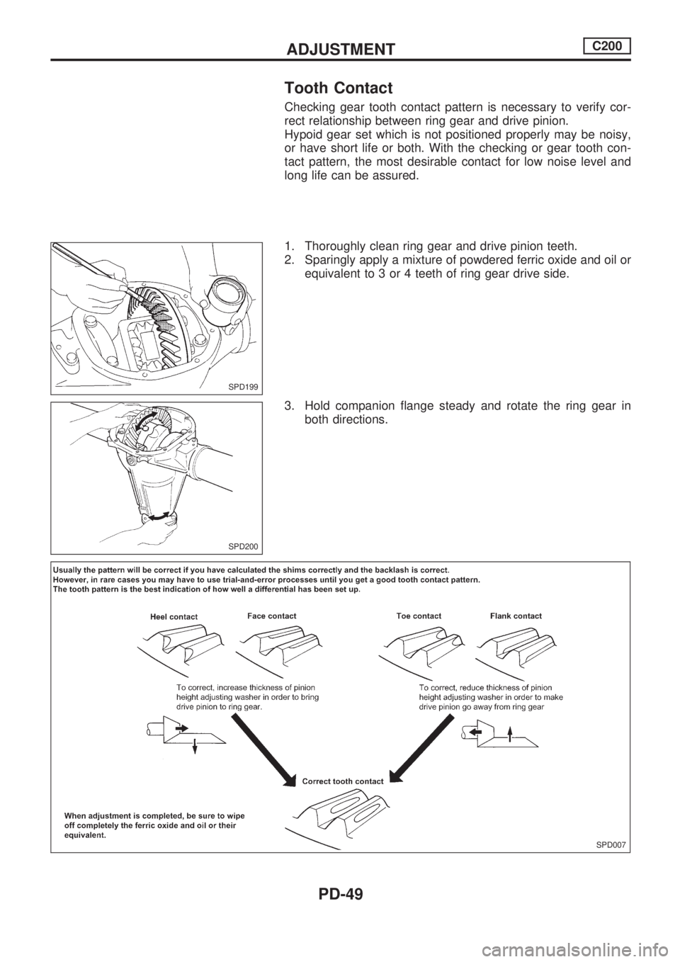 NISSAN PICK-UP 1998  Repair Manual Tooth Contact
Checking gear tooth contact pattern is necessary to verify cor-
rect relationship between ring gear and drive pinion.
Hypoid gear set which is not positioned properly may be noisy,
or ha