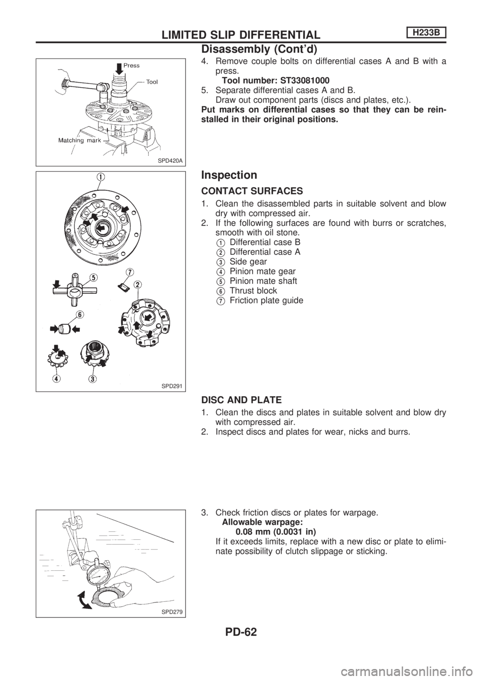 NISSAN PICK-UP 1998 Repair Manual 4. Remove couple bolts on differential cases A and B with a
press.
Tool number: ST33081000
5. Separate differential cases A and B.
Draw out component parts (discs and plates, etc.).
Put marks on diffe NISSAN PICK-UP 1998 Repair Manual 4. Remove couple bolts on differential cases A and B with a
press.
Tool number: ST33081000
5. Separate differential cases A and B.
Draw out component parts (discs and plates, etc.).
Put marks on diffe