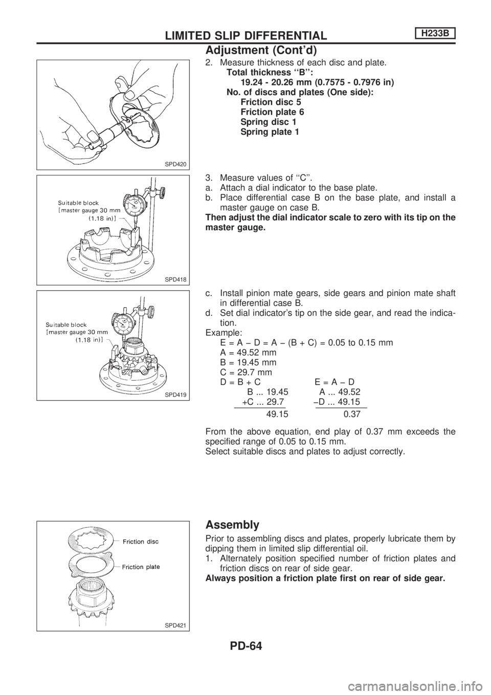 NISSAN PICK-UP 1998  Repair Manual 2. Measure thickness of each disc and plate.
Total thickness ``B:
19.24 - 20.26 mm (0.7575 - 0.7976 in)
No. of discs and plates (One side):
Friction disc 5
Friction plate 6
Spring disc 1
Spring plat