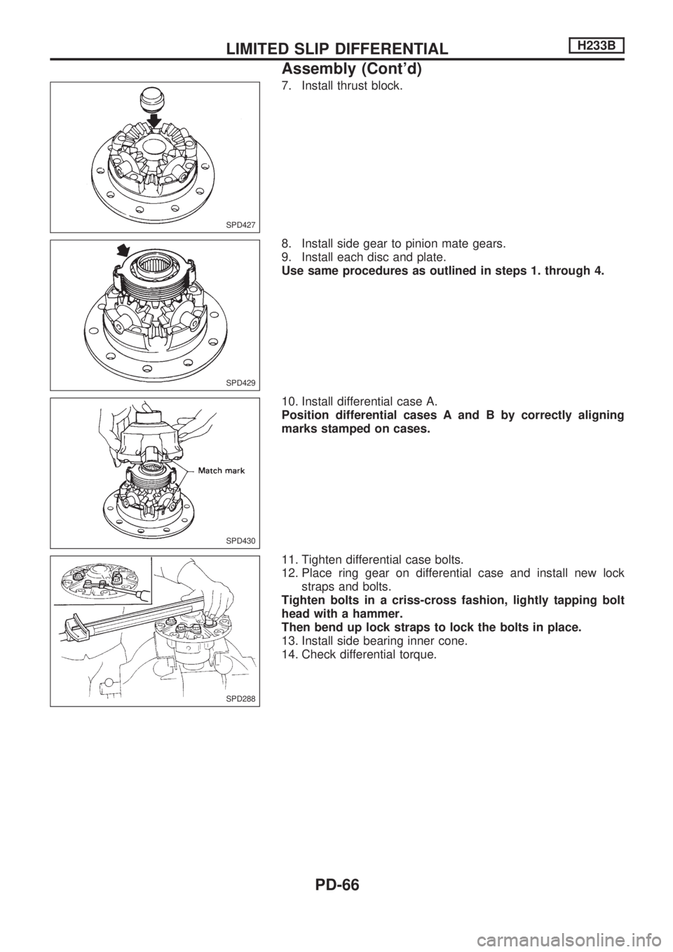 NISSAN PICK-UP 1998  Repair Manual 7. Install thrust block.
8. Install side gear to pinion mate gears.
9. Install each disc and plate.
Use same procedures as outlined in steps 1. through 4.
10. Install differential case A.
Position dif