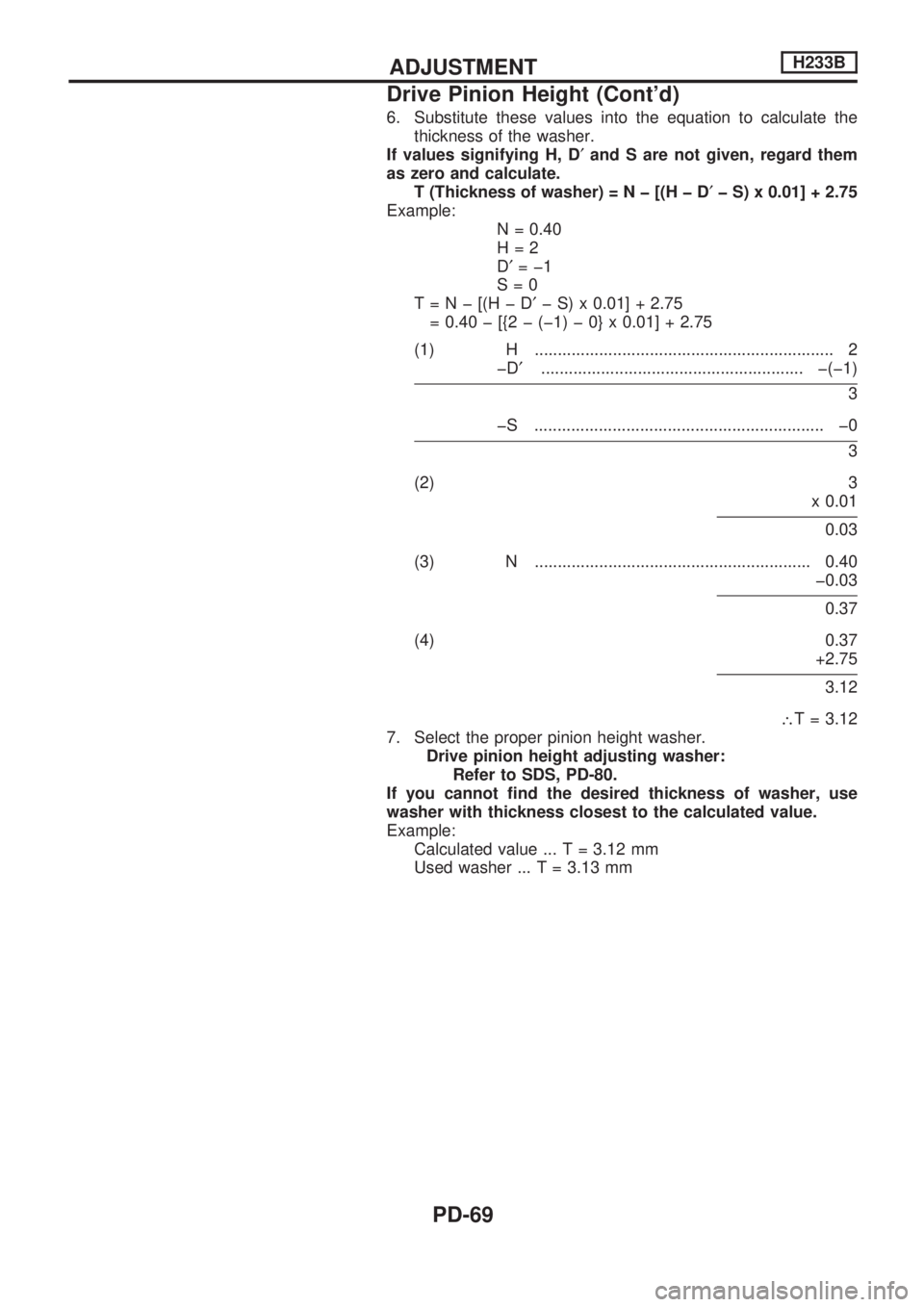NISSAN PICK-UP 1998  Repair Manual 6. Substitute these values into the equation to calculate thethickness of the washer.
If values signifying H, D ¢and S are not given, regard them
as zero and calculate. T(Thicknessofwasher )=Nþ[(Hþ