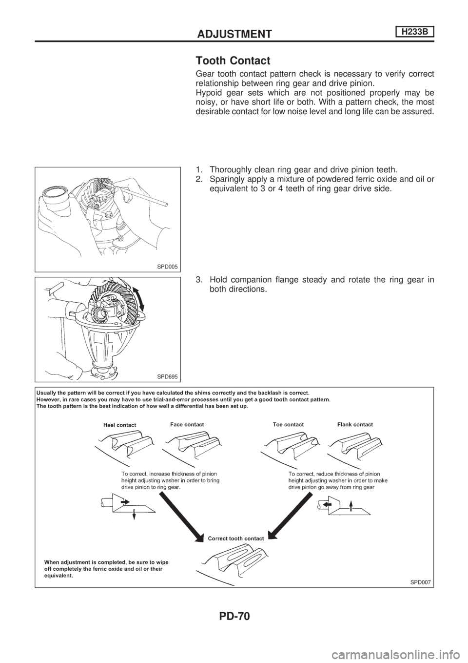 NISSAN PICK-UP 1998  Repair Manual Tooth Contact
Gear tooth contact pattern check is necessary to verify correct
relationship between ring gear and drive pinion.
Hypoid gear sets which are not positioned properly may be
noisy, or have 