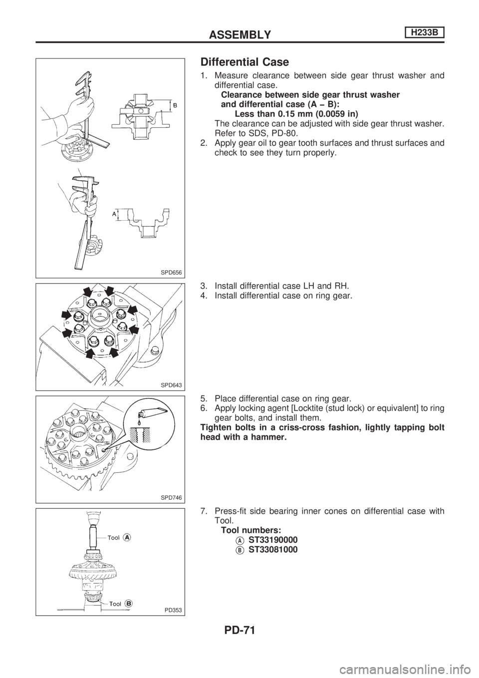 NISSAN PICK-UP 1998  Repair Manual Differential Case
1. Measure clearance between side gear thrust washer and
differential case.
Clearance between side gear thrust washer
and differential case (A þ B):
Less than 0.15 mm (0.0059 in)
Th