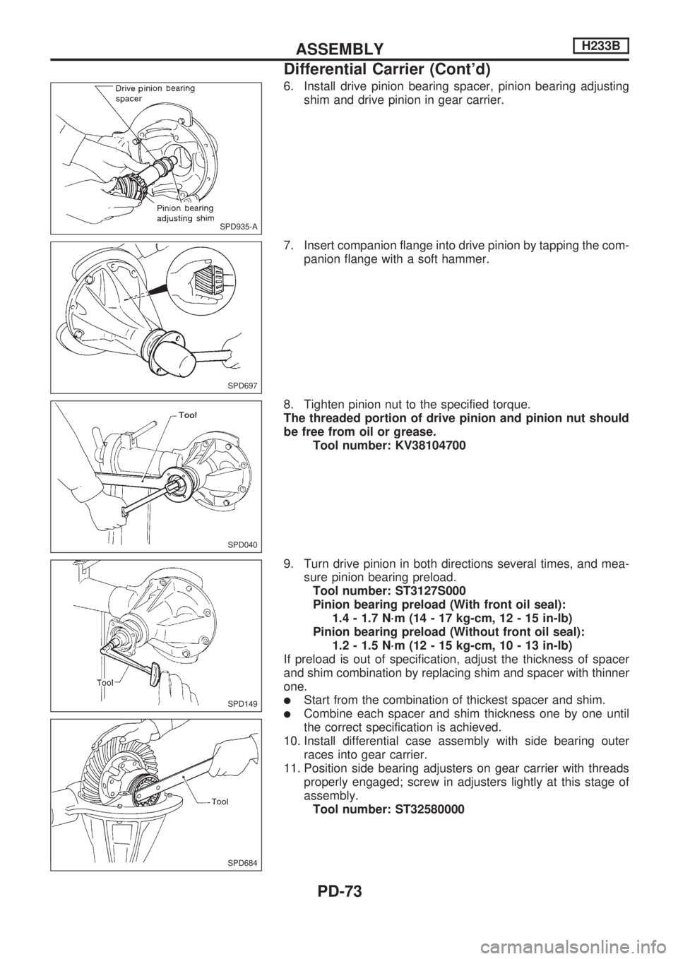 NISSAN PICK-UP 1998  Repair Manual 6. Install drive pinion bearing spacer, pinion bearing adjusting
shim and drive pinion in gear carrier.
7. Insert companion flange into drive pinion by tapping the com-
panion flange with a soft hamme