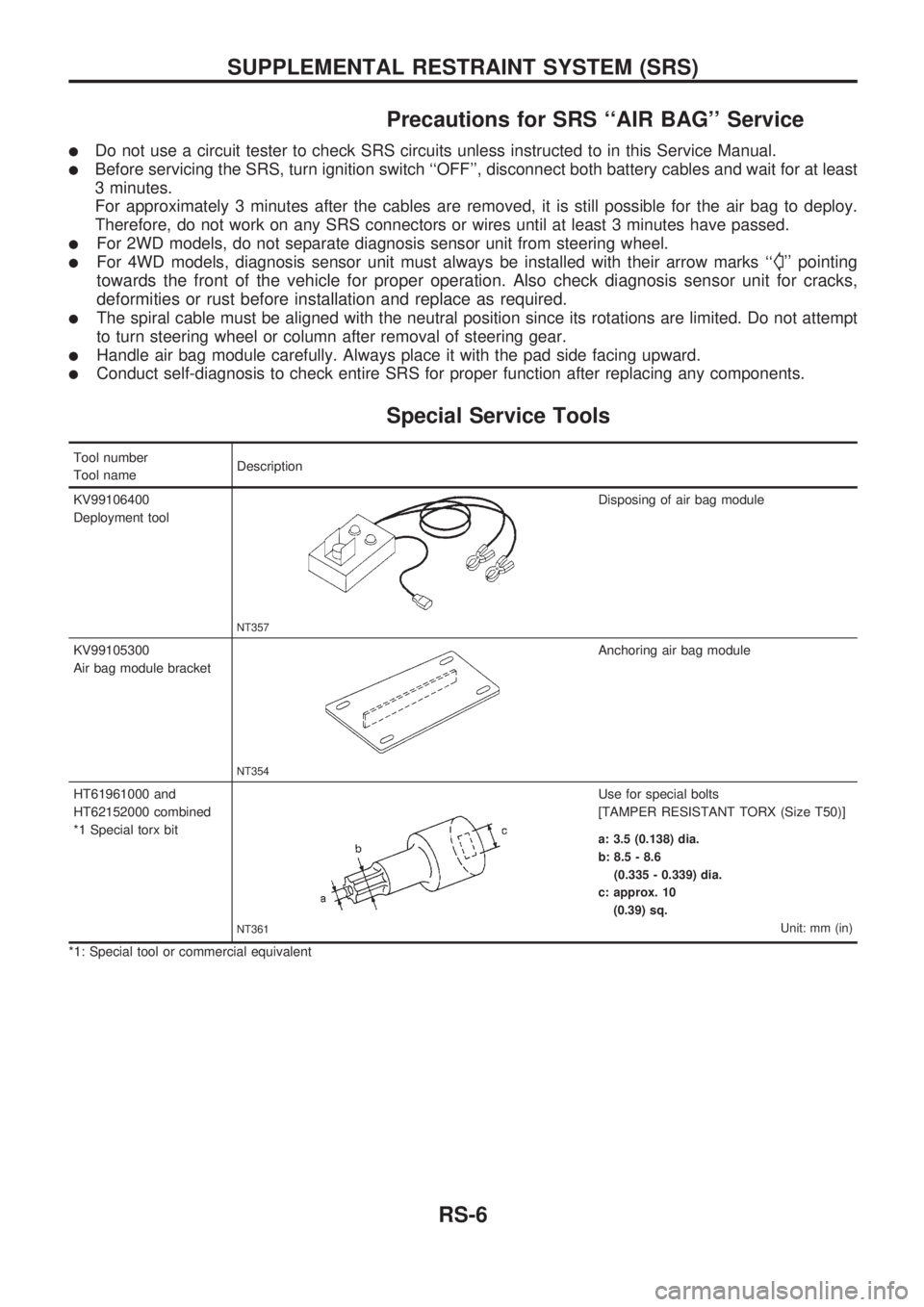 NISSAN PICK-UP 1998  Repair Manual Precautions for SRS ``AIR BAG Service
lDo not use a circuit tester to check SRS circuits unless instructed to in this Service Manual.
lBefore servicing the SRS, turn ignition switch ``OFF, disconn