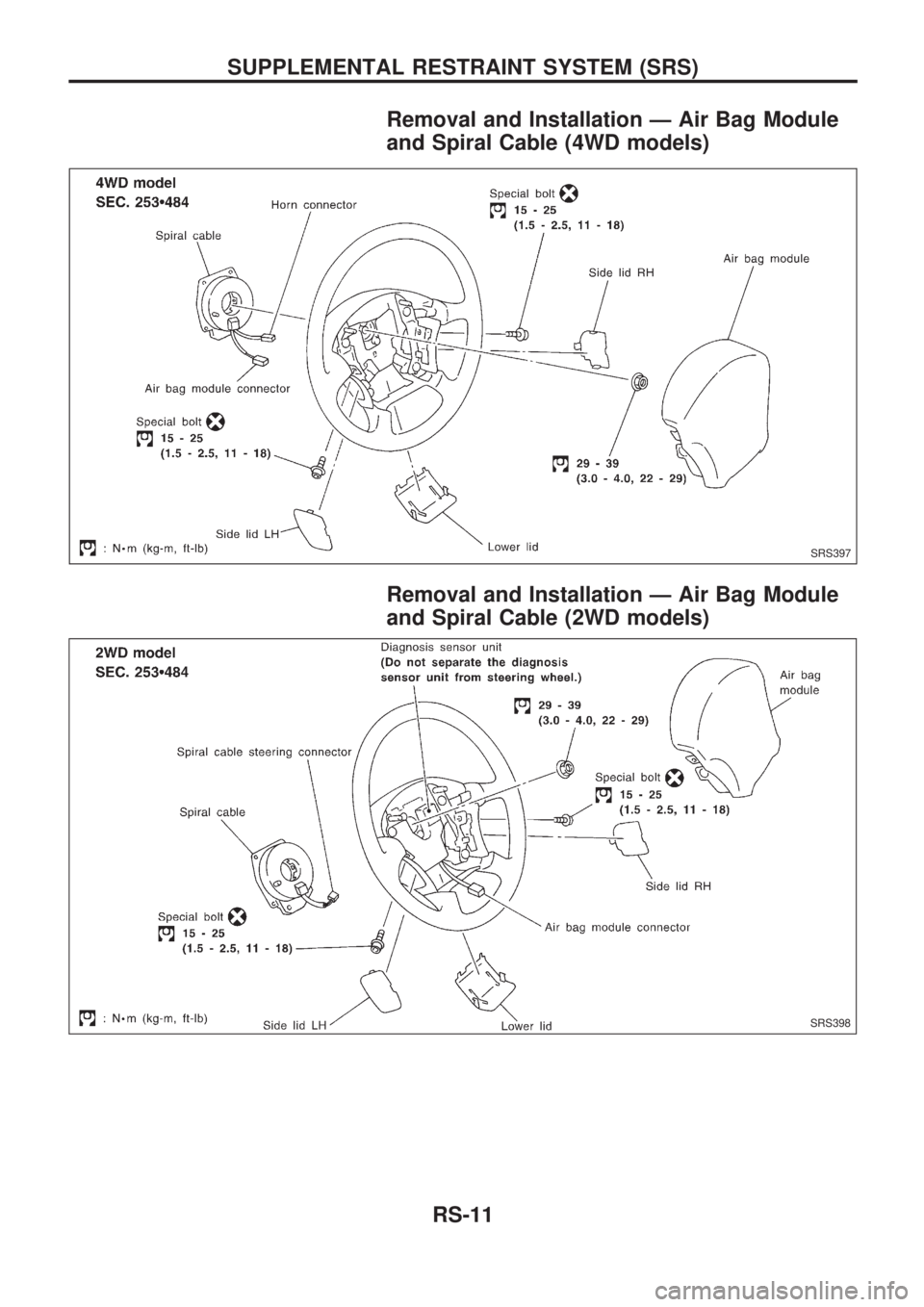 NISSAN PICK-UP 1998  Repair Manual Removal and Installation Ð Air Bag Module
and Spiral Cable (4WD models)
Removal and Installation Ð Air Bag Module
and Spiral Cable (2WD models)
SRS397
SRS398
SUPPLEMENTAL RESTRAINT SYSTEM (SRS)
RS-1