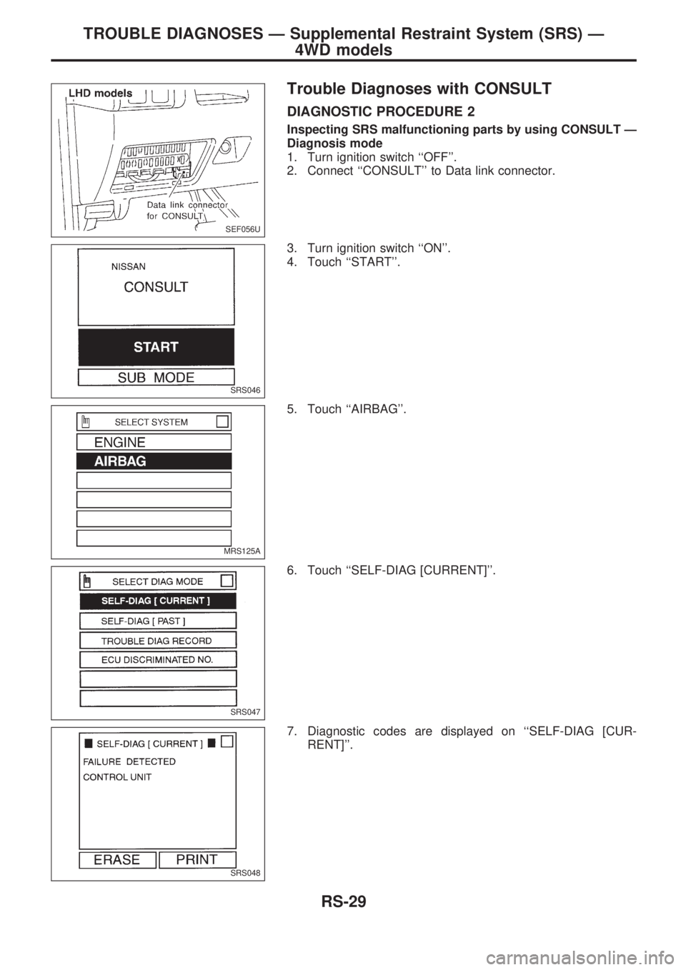 NISSAN PICK-UP 1998  Repair Manual Trouble Diagnoses with CONSULT
DIAGNOSTIC PROCEDURE 2
Inspecting SRS malfunctioning parts by using CONSULT Ð
Diagnosis mode
1. Turn ignition switch ``OFF.
2. Connect ``CONSULT to Data link connec