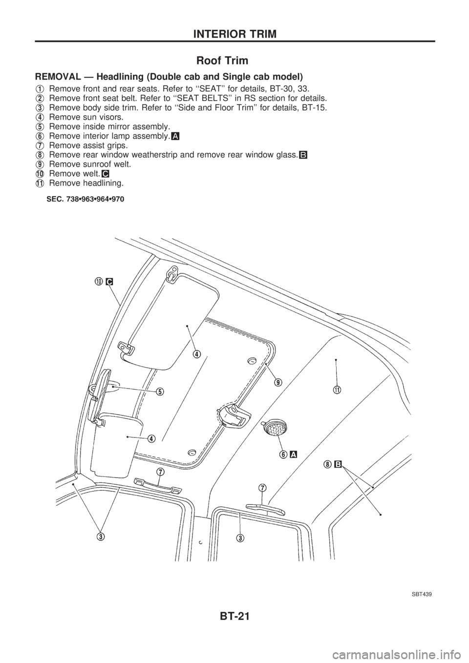 NISSAN PICK-UP 1998  Repair Manual Roof Trim
REMOVAL Ð Headlining (Double cab and Single cab model)
V1Remove front and rear seats. Refer to ``SEAT for details, BT-30, 33.
V2Remove front seat belt. Refer to ``SEAT BELTS in RS secti