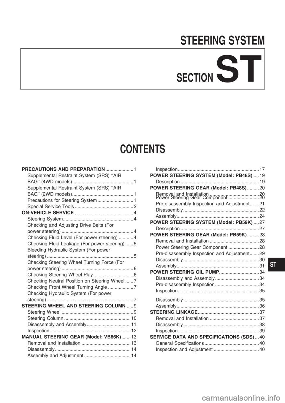 NISSAN PICK-UP 1998  Repair Manual STEERING SYSTEM
SECTIONST
CONTENTS
PRECAUTIONS AND PREPARATION..................... 1
Supplemental Restraint System (SRS) ``AIR
BAG (4WD models).............................................. 1
Suppl