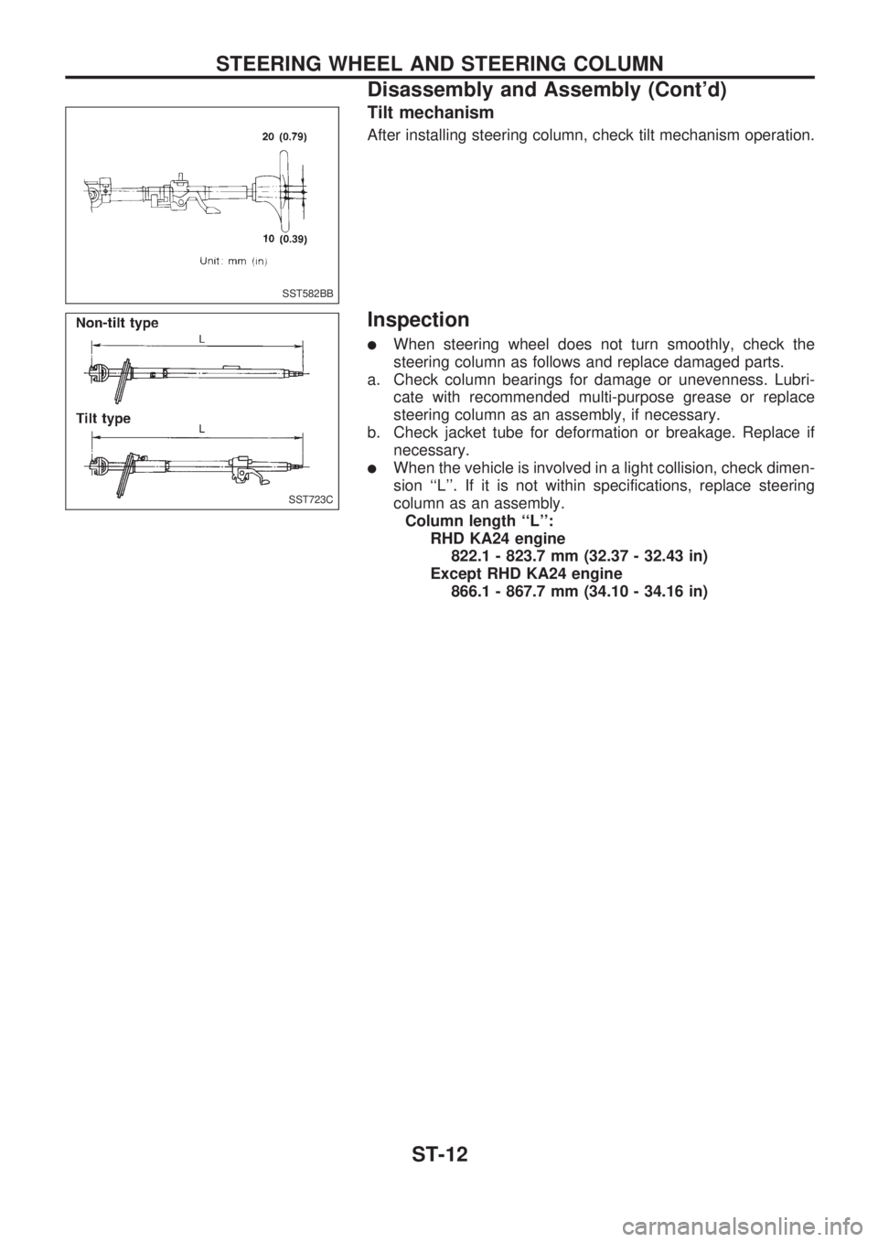 NISSAN PICK-UP 1998  Repair Manual Tilt mechanism
After installing steering column, check tilt mechanism operation.
Inspection
lWhen steering wheel does not turn smoothly, check the
steering column as follows and replace damaged parts.