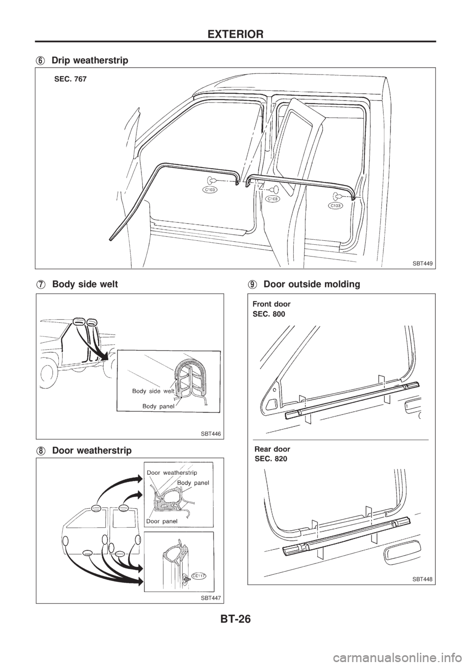 NISSAN PICK-UP 1998  Repair Manual V6Drip weatherstrip
V7Body side welt
V8Door weatherstrip
V9Door outside molding
SBT449
SBT446
SBT447
SBT448
EXTERIOR
BT-26 