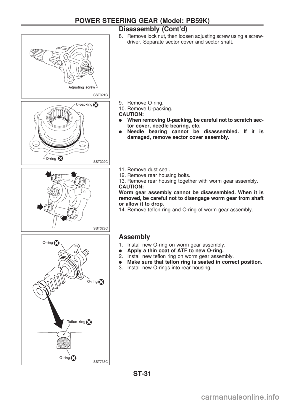 NISSAN PICK-UP 1998 Repair Manual 8. Remove lock nut, then loosen adjusting screw using a screw-
driver. Separate sector cover and sector shaft.
9. Remove O-ring.
10. Remove U-packing.
CAUTION:
lWhen removing U-packing, be careful not NISSAN PICK-UP 1998 Repair Manual 8. Remove lock nut, then loosen adjusting screw using a screw-
driver. Separate sector cover and sector shaft.
9. Remove O-ring.
10. Remove U-packing.
CAUTION:
lWhen removing U-packing, be careful not