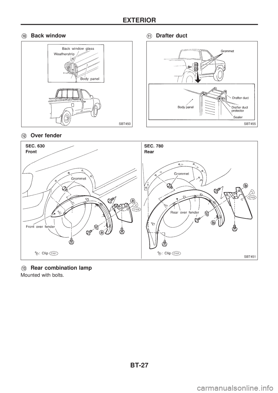 NISSAN PICK-UP 1998  Repair Manual V10Back windowV11Drafter duct
V12Over fender
V13Rear combination lamp
Mounted with bolts.
SBT450SBT455
SBT451
EXTERIOR
BT-27 