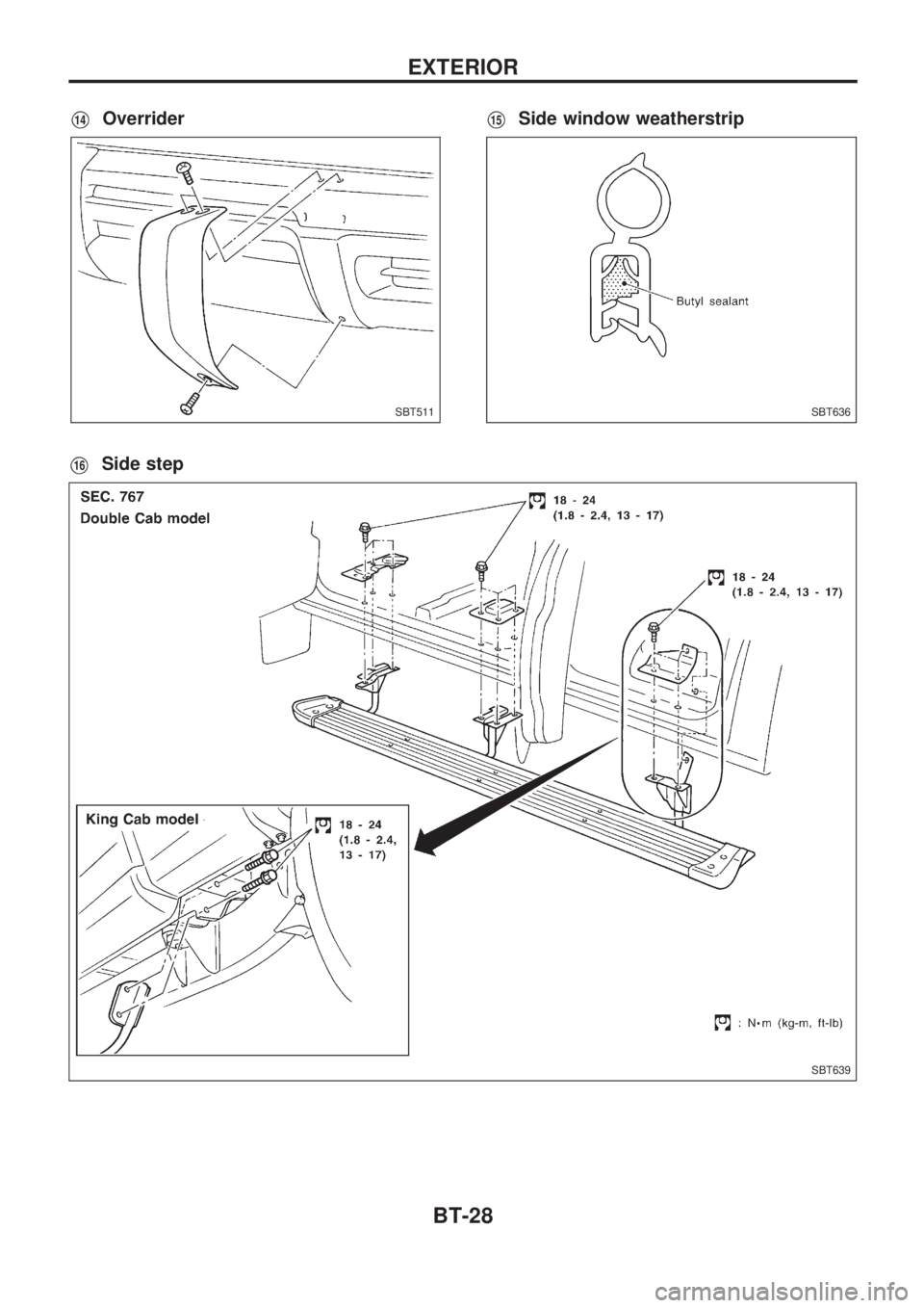 NISSAN PICK-UP 1998  Repair Manual V14OverriderV15Side window weatherstrip
V16Side step
SBT511SBT636
SBT639
EXTERIOR
BT-28 