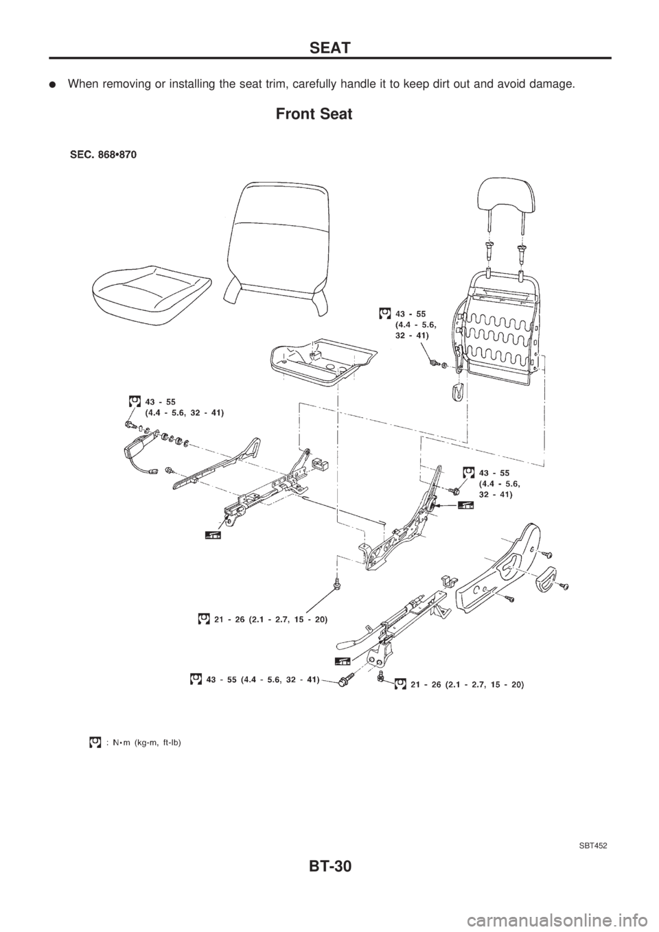 NISSAN PICK-UP 1998  Repair Manual lWhen removing or installing the seat trim, carefully handle it to keep dirt out and avoid damage.
Front Seat
SBT452
SEAT
BT-30 