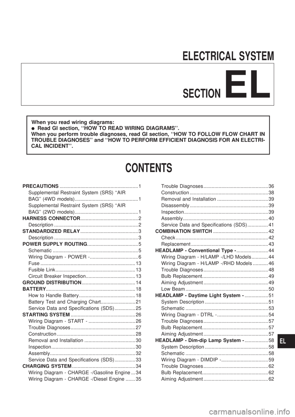 NISSAN PICK-UP 1998  Repair Manual ELECTRICAL SYSTEM
SECTION
EL
When you read wiring diagrams:
lRead GI section, ``HOW TO READ WIRING DIAGRAMS.
When you perform trouble diagnoses, read GI section, ``HOW TO FOLLOW FLOW CHART IN
TROUBL
