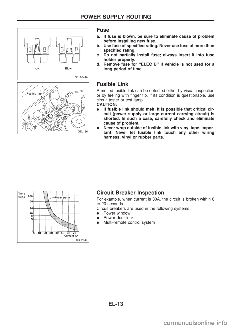 NISSAN PICK-UP 1998 Repair Manual Fuse
a. If fuse is blown, be sure to eliminate cause of problem
before installing new fuse.
b. Use fuse of specified rating. Never use fuse of more than
specified rating.
c. Do not partially install f NISSAN PICK-UP 1998 Repair Manual Fuse
a. If fuse is blown, be sure to eliminate cause of problem
before installing new fuse.
b. Use fuse of specified rating. Never use fuse of more than
specified rating.
c. Do not partially install f