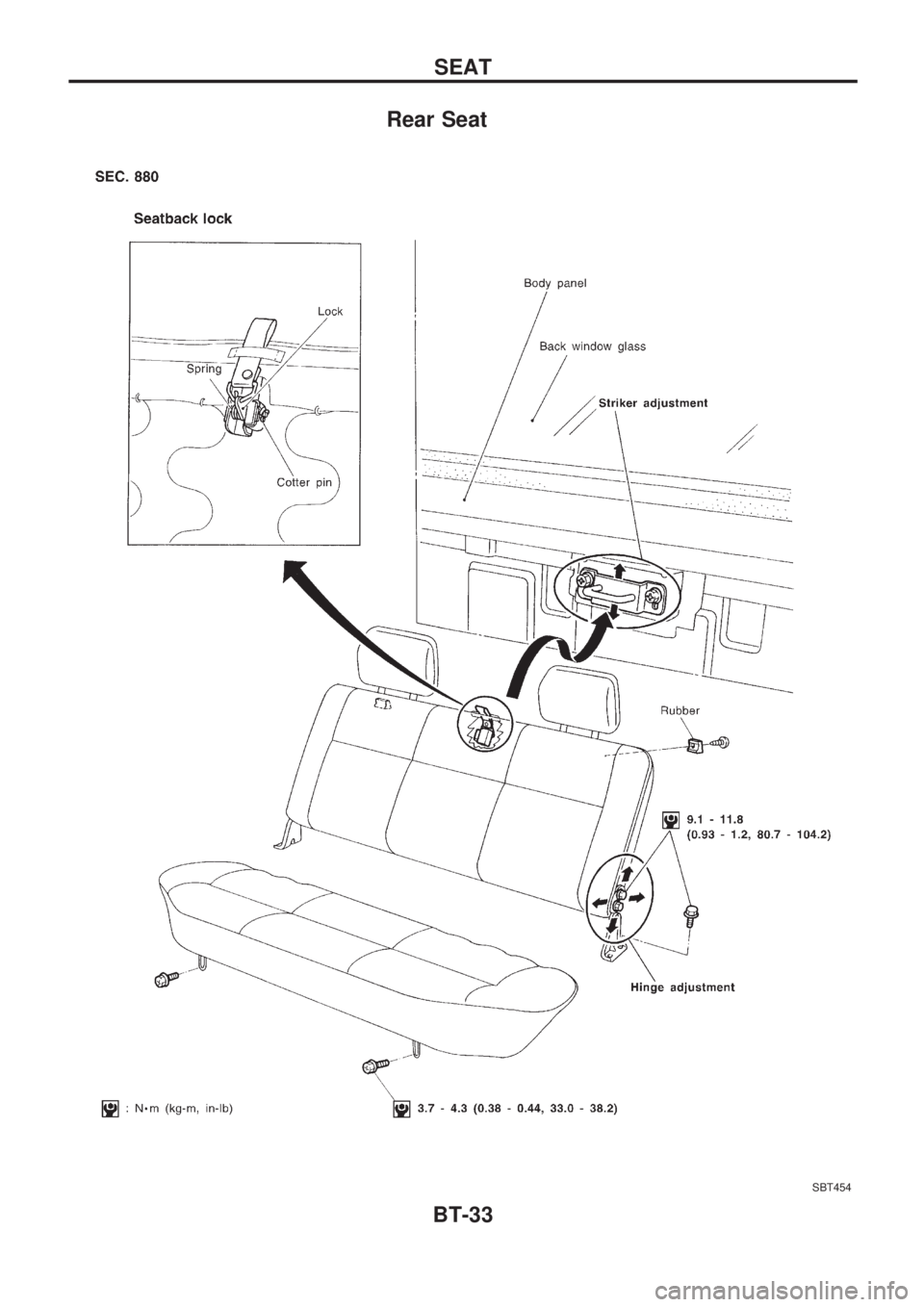NISSAN PICK-UP 1998  Repair Manual Rear Seat
SBT454
SEAT
BT-33 