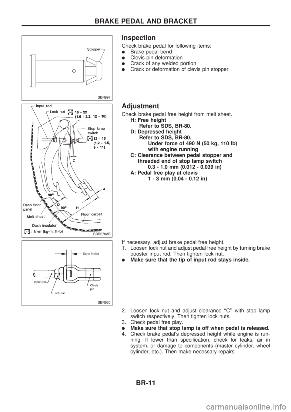 NISSAN PICK-UP 1998 Repair Manual Inspection
Check brake pedal for following items:
lBrake pedal bend
lClevis pin deformation
lCrack of any welded portion
lCrack or deformation of clevis pin stopper
Adjustment
Check brake pedal free h NISSAN PICK-UP 1998 Repair Manual Inspection
Check brake pedal for following items:
lBrake pedal bend
lClevis pin deformation
lCrack of any welded portion
lCrack or deformation of clevis pin stopper
Adjustment
Check brake pedal free h