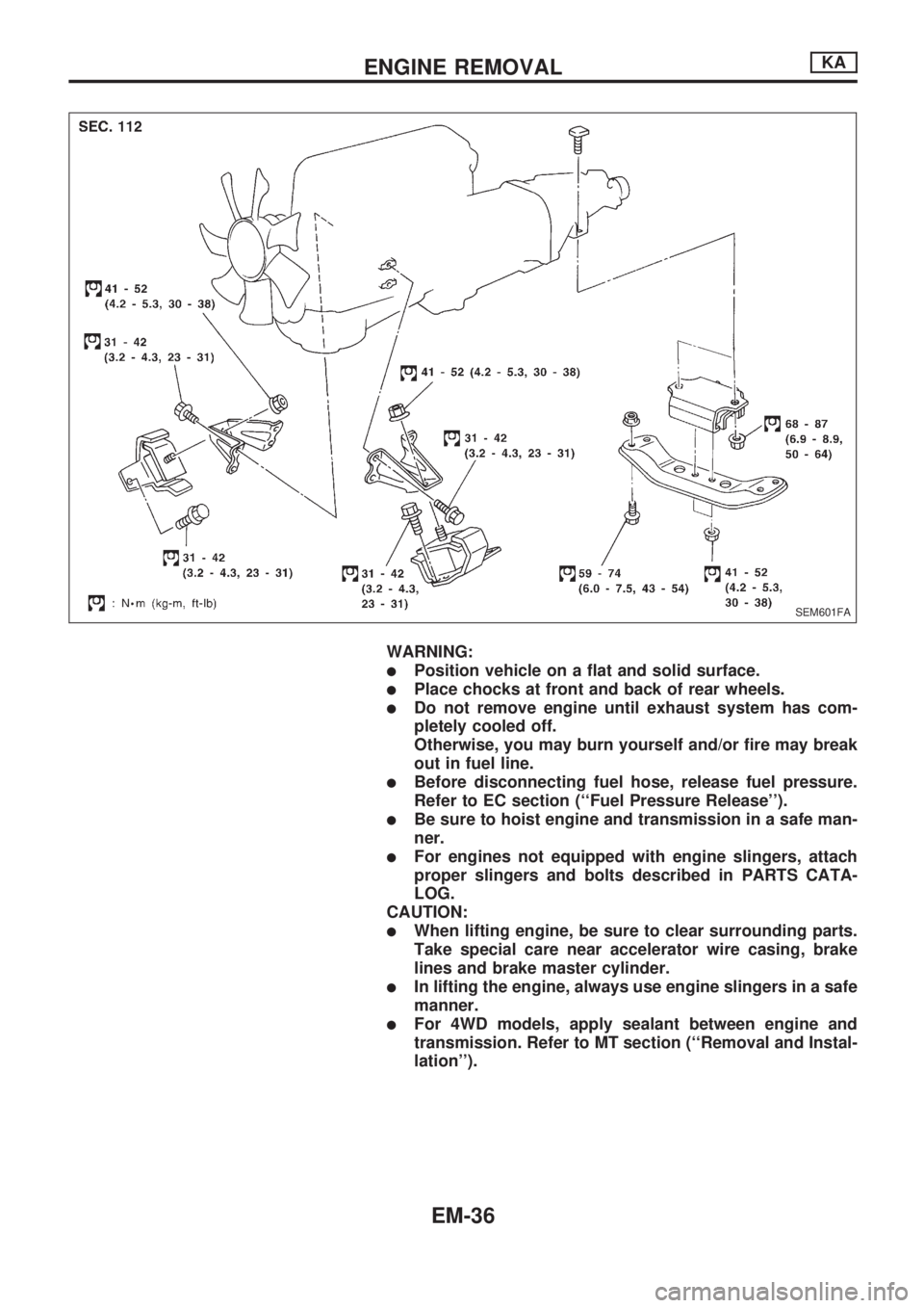 NISSAN PICK-UP 1998  Repair Manual WARNING:
lPosition vehicle on a flat and solid surface.
lPlace chocks at front and back of rear wheels.
lDo not remove engine until exhaust system has com-
pletely cooled off.
Otherwise, you may burn 