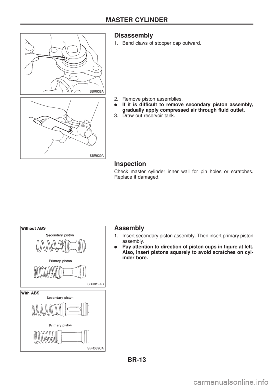 NISSAN PICK-UP 1998  Repair Manual Disassembly
1. Bend claws of stopper cap outward.
2. Remove piston assemblies.
lIf it is difficult to remove secondary piston assembly,
gradually apply compressed air through fluid outlet.
3. Draw out