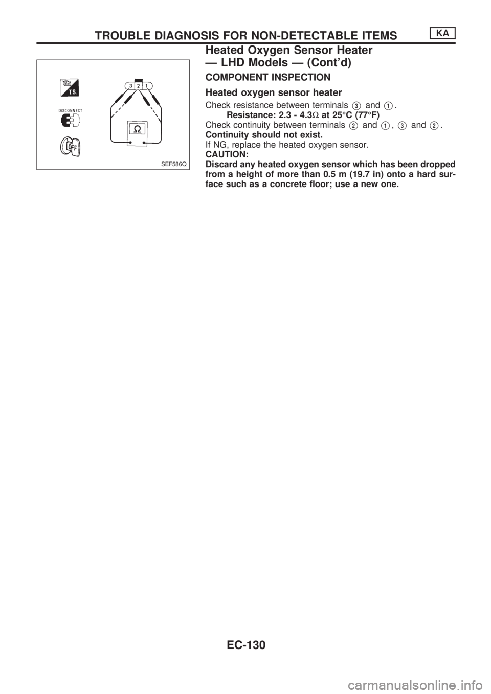 NISSAN PICK-UP 1998  Repair Manual COMPONENT INSPECTION
Heated oxygen sensor heater
Check resistance between terminalsV3andV1.
Resistance: 2.3 - 4.3Wat 25ÉC (77ÉF)
Check continuity between terminals
V2andV1,V3andV2.
Continuity should