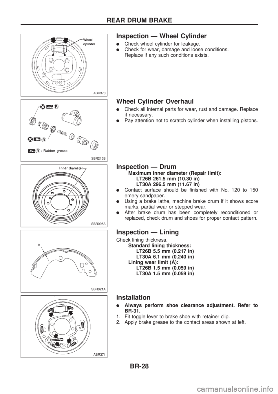 NISSAN PICK-UP 1998 Repair Manual Inspection Ð Wheel Cylinder
lCheck wheel cylinder for leakage.
lCheck for wear, damage and loose conditions.
Replace if any such conditions exists.
Wheel Cylinder Overhaul
lCheck all internal parts f NISSAN PICK-UP 1998 Repair Manual Inspection Ð Wheel Cylinder
lCheck wheel cylinder for leakage.
lCheck for wear, damage and loose conditions.
Replace if any such conditions exists.
Wheel Cylinder Overhaul
lCheck all internal parts f