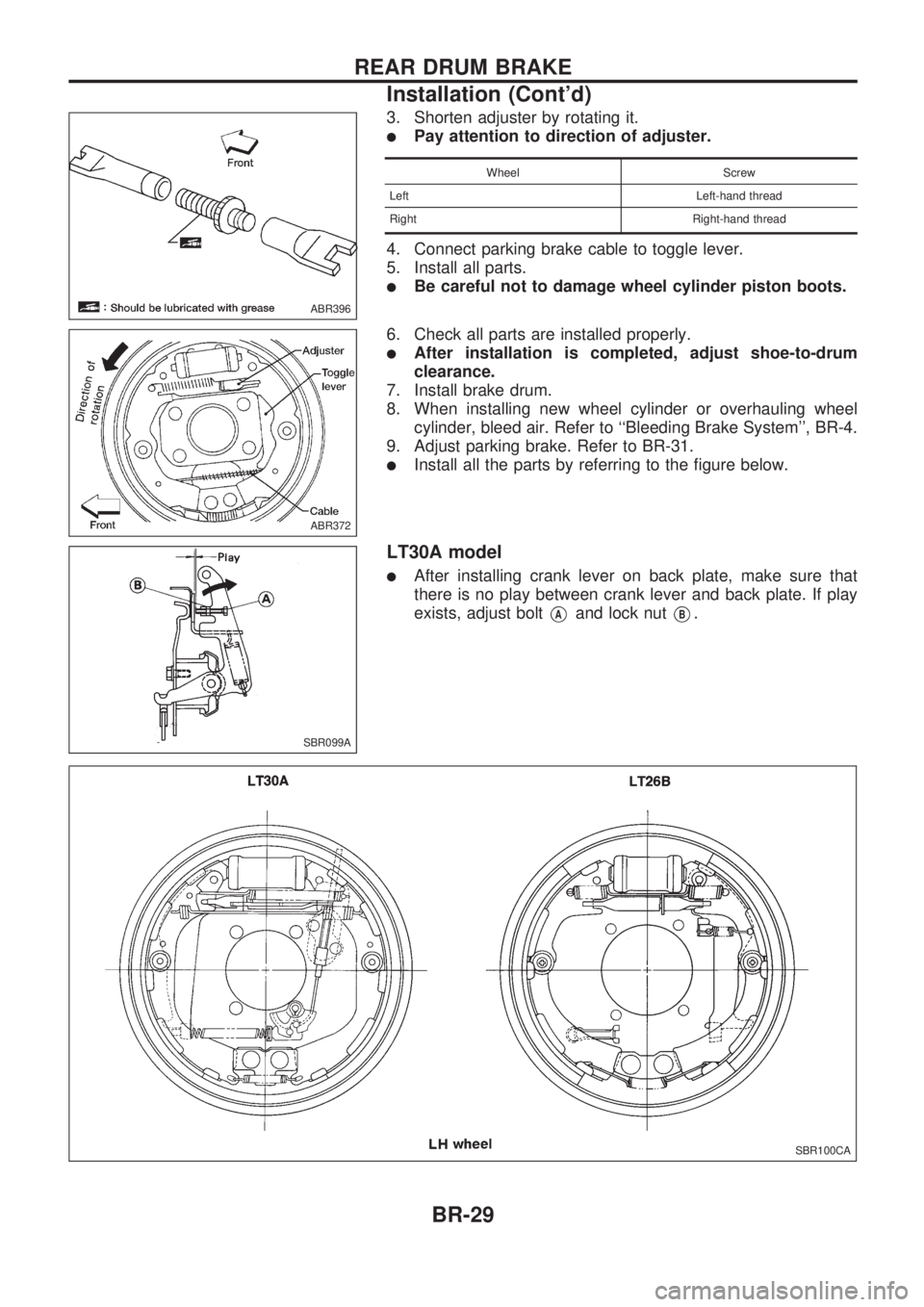 NISSAN PICK-UP 1998  Repair Manual 3. Shorten adjuster by rotating it.
lPay attention to direction of adjuster.
Wheel Screw
Left Left-hand thread
Right Right-hand thread
4. Connect parking brake cable to toggle lever.
5. Install all pa