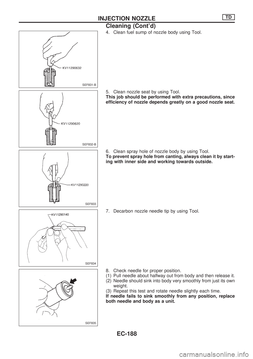 NISSAN PICK-UP 1998  Repair Manual 4. Clean fuel sump of nozzle body using Tool.
5. Clean nozzle seat by using Tool.
This job should be performed with extra precautions, since
efficiency of nozzle depends greatly on a good nozzle seat.