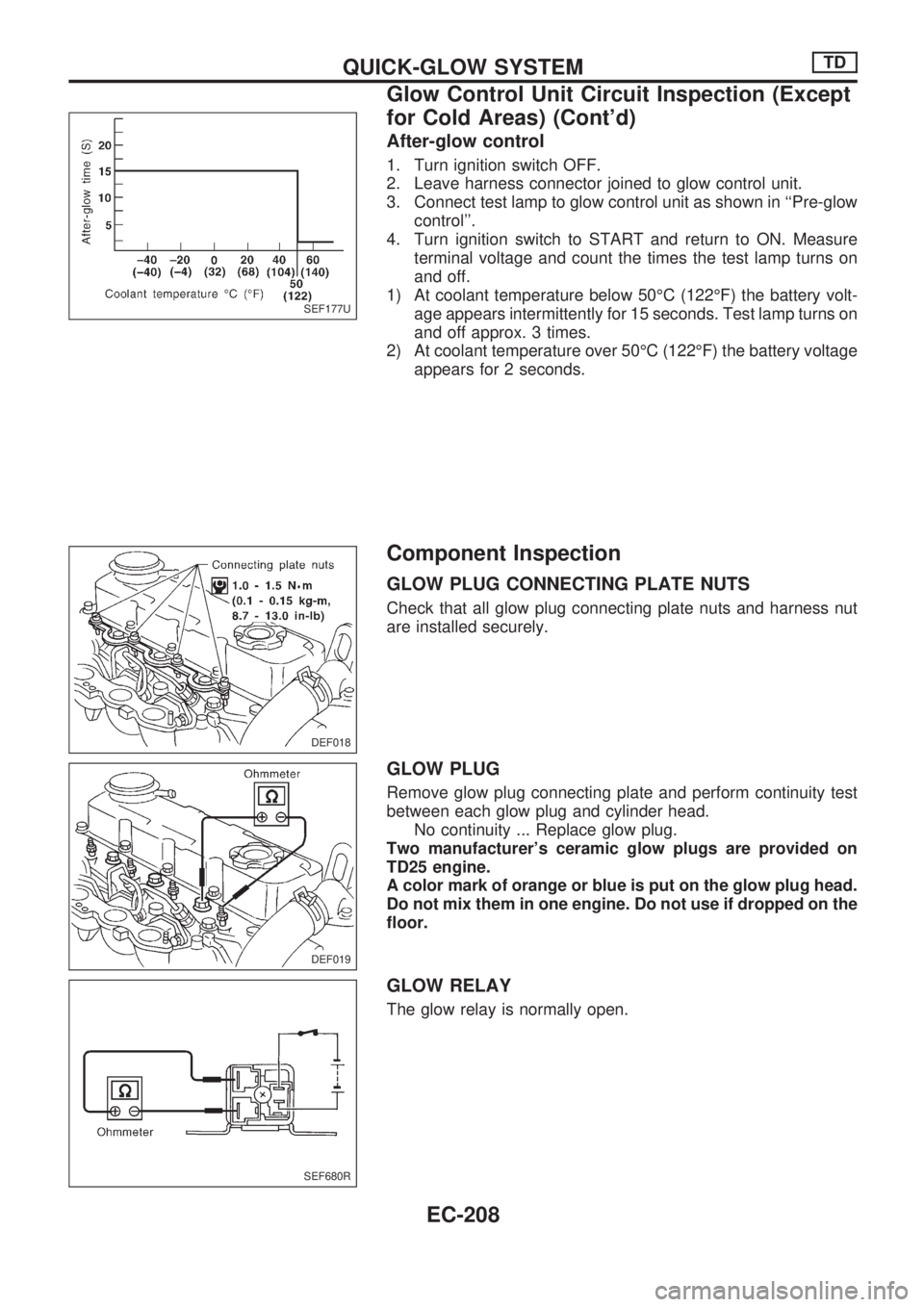 NISSAN PICK-UP 1998  Repair Manual After-glow control
1. Turn ignition switch OFF.
2. Leave harness connector joined to glow control unit.
3. Connect test lamp to glow control unit as shown in ``Pre-glow
control.
4. Turn ignition swi